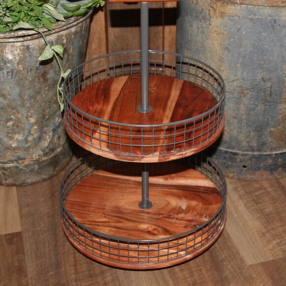 NEW Large Rustic 17.75" Iron & Wood Tiered Farmhouse Basket Stand - Picture 3 of 8